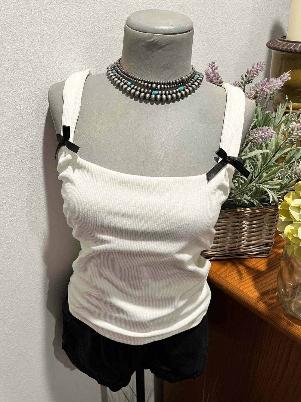 White Ribbed Tank Top with Black Bows